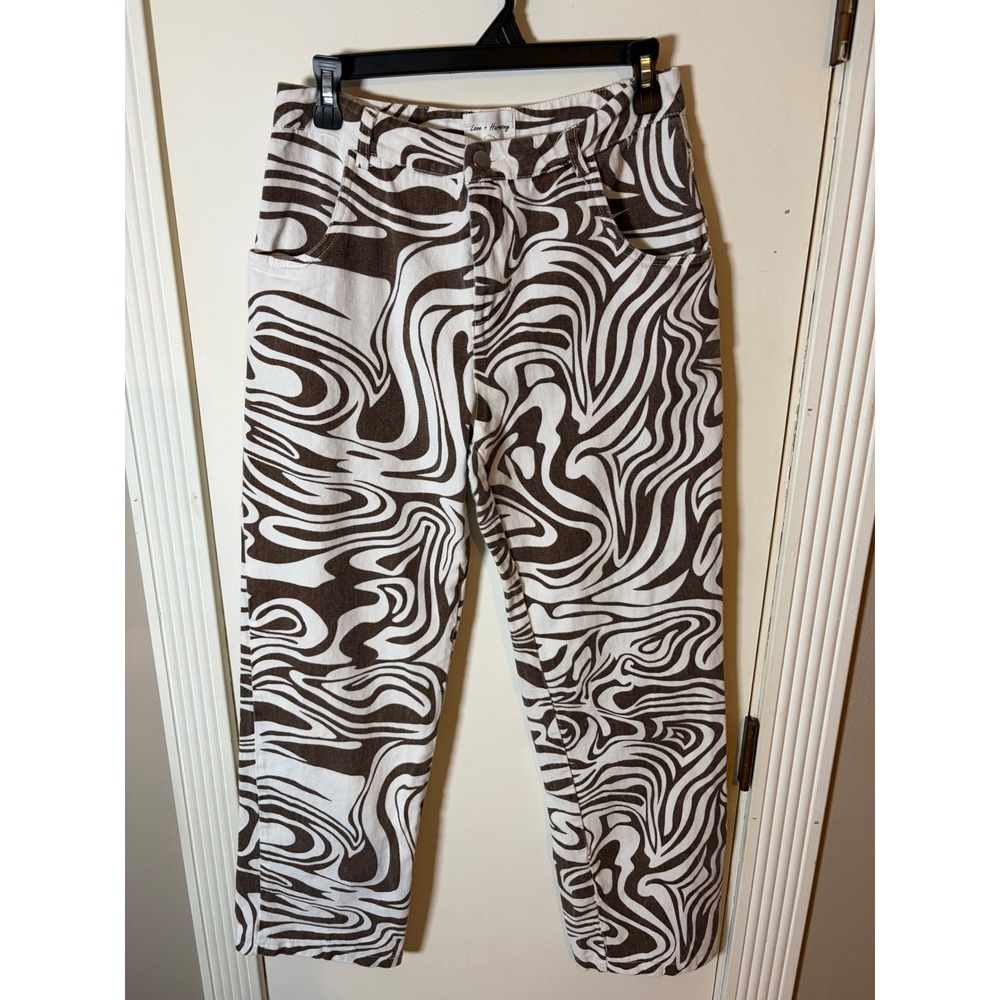 Love + Harmony Br White Psychedelic Swirl Print High Waisted Pants Large LH8711